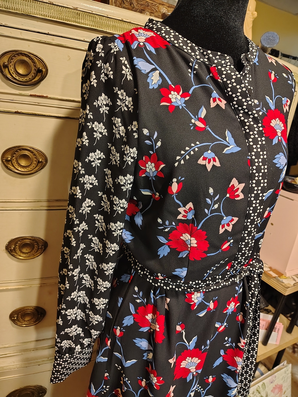 Talbots Black Midi Dress with Red & Blue Floral Print - Picture 5 of 16